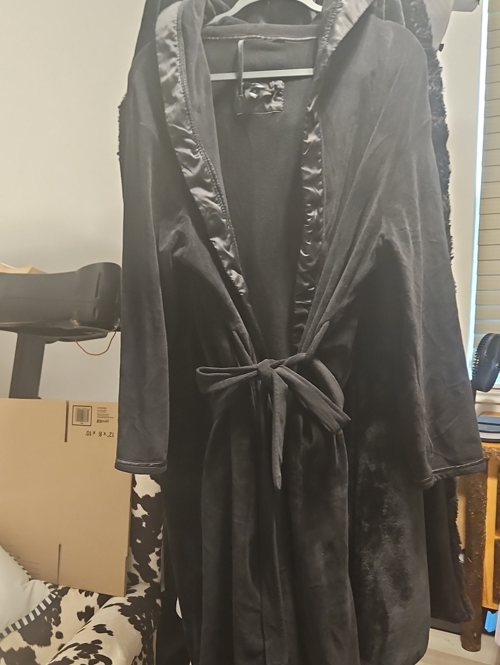 Black Plush Hooded Robe with Tie Belt
